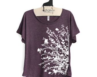 SALE Small- Tri-Blend Vintage Purple Dolman Top with Flower Branch Screen Print