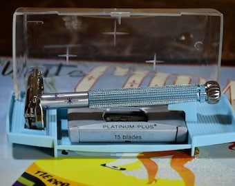 Beautiful 1966 L1 Blue Lady Gillette Double Edge Safety Razor in Original Case with Gillette Platinum Plus Dispenser and FREE Sampler