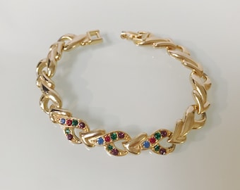 Vintage Fruit Salad Rhinestone Gold 80's Bracelet
