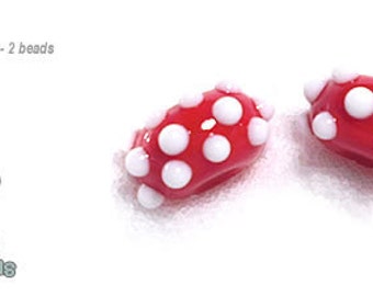 PAIRS 115 Lampwork Beads Handmade Paired Set of 2 Holiday Colors of Red White Polka Dots