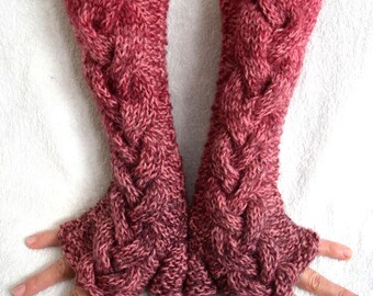 Fingerless Gloves Hand Knit Arm Warmers Rose Pink Burgundy Fuchsia Maroon Cabled Extra Long and Warm