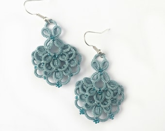 Aqua Earrings, Boho Earrings, Bohemian statement earrings, Tatted earrings, Lightweight Lace jewelry, Tatting lace earrings, Dangle earrings