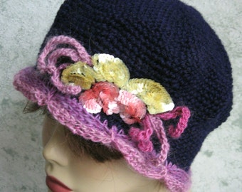 Womens Crochet Hat Navy With Soft Mauve Scalloped Brim And Colorful Sequin Trim Womens Chemo Hat Flapper Style Hat Head Sizes 21- 23 Inch