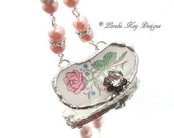Roses & Rhinestones Broken China Necklace Soldered Rhinestone Pendant