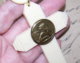 Vintage, Art Deco, FRENCH, Celluloid, Religious, Cross, Croix de Berceau, Angel, Putti, Cherub, Wall Decor, Crib Cross, Christening, Baptism