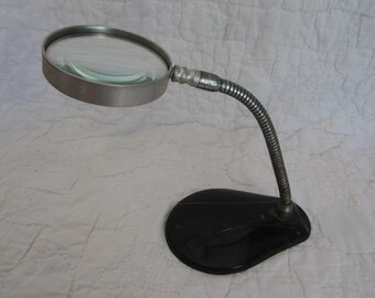 Vintage Magnifying Glass On Metal Stand Goose Neck Lamp Base