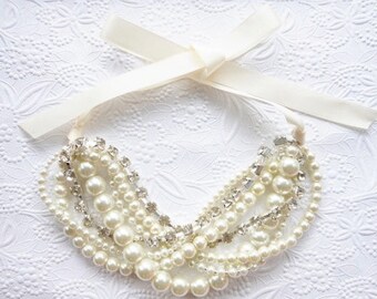Chunky Pearl Rhinestone Necklace, Pearl Rhinestone Statement Necklace, Bridal Pearl Necklace, Chunky Pearl Necklace