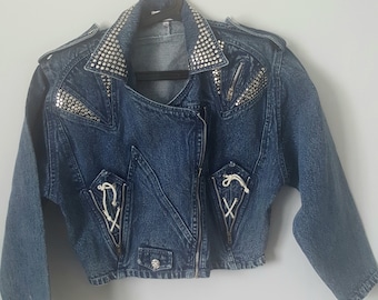 Marble Denim 90s Short Vintage Biker Women Jacket Studded Medium