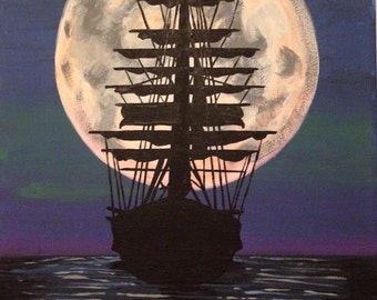 Boat with Full Moon - Acrylic Painting - Seascape - Night - Sailing - Original Art