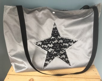 Shoulder Bag Beach bag shopper shopping bag grey with lace