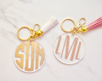 Monogram Keychain w/ Tassel Key Chain - 2.5" Round | Bridesmaid Proposal Gift Box | Keychain Gift | Personalized Keychain Tassel | Gold Key
