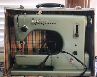 Vintage Sewing Machine -- Viking Husqvarna Sewing Machine -- Grasshopper Green -- Free Arm Sewing Machine with Vintage Case