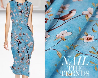 Cherry Blossom Blue Silk Crepe de Chine Fabric With bird Print 114cm/44" 14m/m