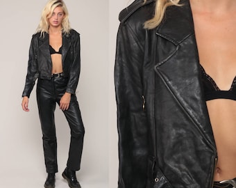 Leather Jacket 80s Black MOTORCYCLE Jacket Biker 1980s Vintage Moto Punk Rock Hipster Coat Zippered Epaulette Small