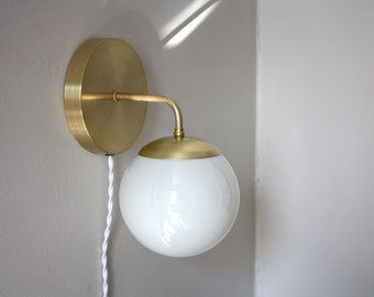 Plug In Wall Sconce • Leo • Clean modern brass and opal glass wall lamp • Modern sconce • Plug in wall sconce • Soft wired light