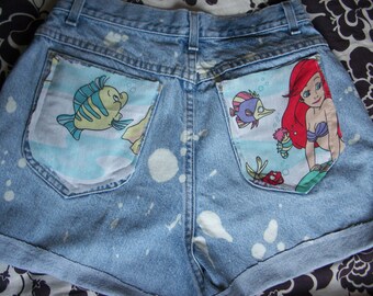Vintage Little Mermaid Ariel Disney Destroyed 90s Acid Wash Denim Jean Shorts
