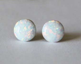 Large 10mm White fire opal stud earrings- Titanium opal studs- Hypoallergenic- Titanium earrings - Sensitive ears- White opal studs