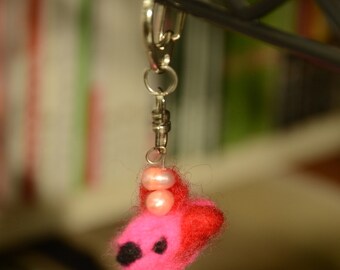 A Birdie Needle Felted and Pearled Keychain