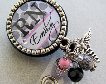 Personalized ID Badge Reel - RN, NP, Nurse, medical symbol, caduceus charm, medical office, nurse instructor, student nurse