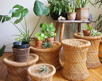 Vintage Woven Jute and Bamboo Rattan Plant Stand / Stool - Multiple Sizes