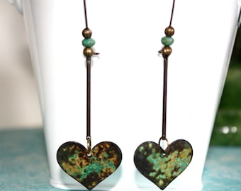 Heart Dangle Earrings, Boho Jewelry, Rustic Earrings, Patina Earrings,
