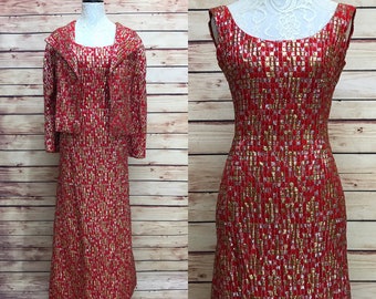 60s Metallic Red Silver Gold Lurex Wiggle Gown Matching Jacket