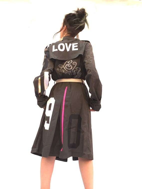 Green Trench LOLA DARLING Limited edition Vintage coat Usa Army recovered with print LOVE lola numbers in different colors Limited Edition