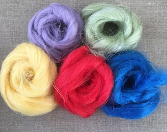 Dyed Flax Sample Pack Vegan Fiber 100 gr Needle Felting Spinning Red Green Blue Yellow Purple Spin Flora plant fibre Free Shipping