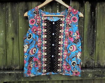 Oriental floral blue and pink button up singlet