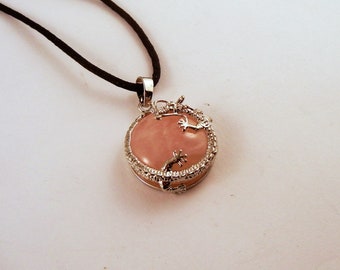 Rose Quartz dragon button Necklace: Natural Crystal Pendant, Stone Jewelry