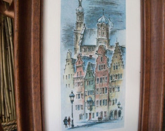 Vintage European City Watercolor Drawing Framed