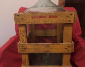Vintage 6 Gallon Blue Glass Jar made in 1924 encased in a Wooden Crate stamped Superior Nebraska Wine Beer Carboy