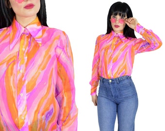 vintage 70s psychedelic blouse sheer pink swirl op art print butterfly collar top 1970s disco shirt pastel hippie shirt novelty small