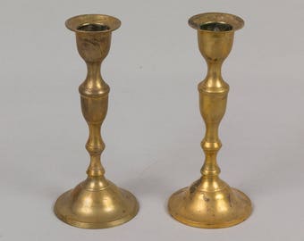 Two Brass Candle Sticks, Round base Brass candle holders, Lathe turned candle sticks Yellow brass 6 inches tall