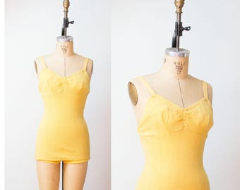 1930s Swimsuit / 30s Mustard Yellow Wool Bathing Suit