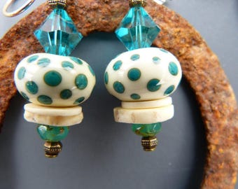 Ivory and Turquoise Lampwork Glass Bead Earrings