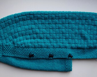 Cozy hand knitted teal blue dog sweater for larger dogs