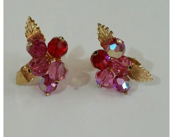 Vintage Clip On Earrings, Leaves and Crystals, pink and Gold.
