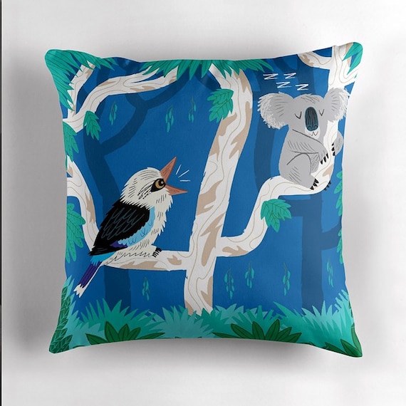 The Koala and the Kookaburra - Children's - Dark Blue - Throw Pillow / Cushion Cover (16" x 16") by Oliver Lake - iOTA iLLUSTRATION
