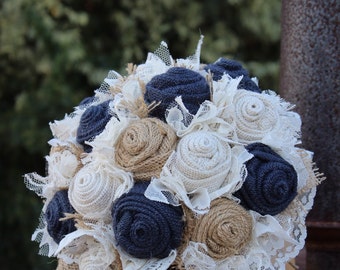 Navy Burlap and Lace Bridal Bouquet, rustic wedding bride's bouquet, rustic romance, burlap bouquet, navy wedding, keepsake bouquet, bride