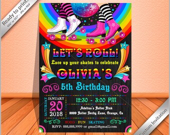 50% OFF SALE- Pink skater girl invitation Chalkboard color, Pink Roller Skating Invitation, Skating girl Birthday Party, Free thank you card