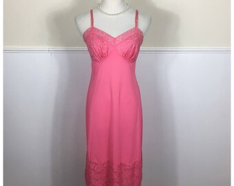 1950s Vanity Fair Bright Pink Embroidered Lace Tricot Nylon Slip, Size34-36
