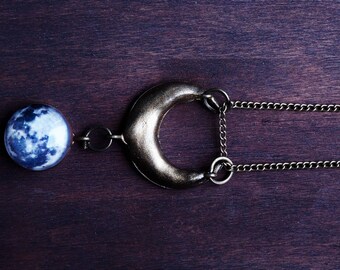 moon necklace , mystical necklace , unique necklaces for women , boho necklaces bronze , crescent pendant ,
