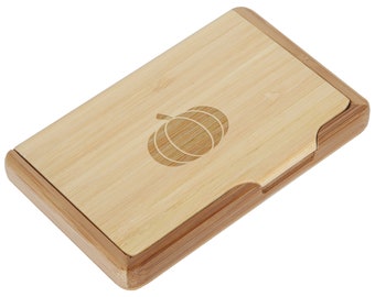 Pumpkin Bamboo Business Card Holder With Laser Engraved Design - Business Card Keeper - Holds Up To 10 Cards