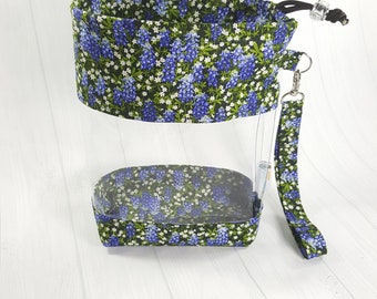 Small Clear Knitting Project Bag, Bluebonnets w/ Daisy Flowers, Clear Vinyl Bag, Sock Knitting Bag, Clear window drawstring bag CVS0062