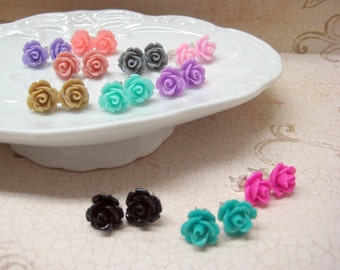 SALE - Three Pairs - Rose Stud Earrings - You Choose - 24 Colors