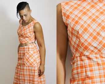 Plaid Dress Orange and white dress Long Plaid Dress Gingham Dress