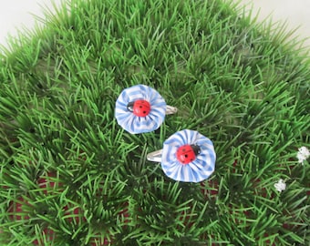 Hair clips "clic clac" sky blue and white striped flower