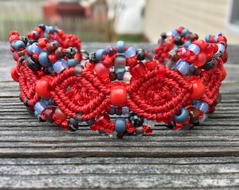 Micro-Macrame Cuff Bracelet. Modern Macrame. Beaded Cuff. Red and Blue Bracelet. Macrame Cuff. Statement Jewelry. Boutique Fashion Piece.