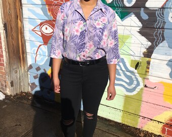 80s Vintage Purple Hawaiian Print Shirt/ Womens Size 18